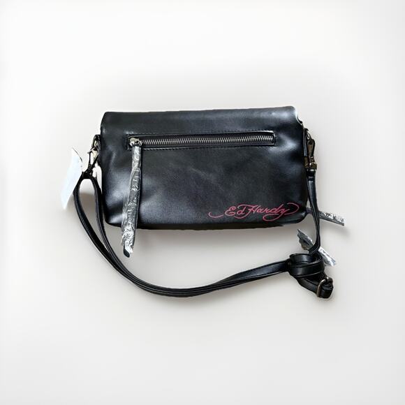 ED HARDY Love Kills Slowly BLK Rhinestone XBODY CLUTCH Rose Y2K Tattoo Skull - Picture 7 of 16